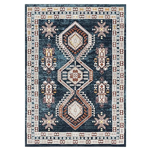 Photo 1 of Everwash Home Dynamix Treasure Saul Southwest Geometric Machine Washable Area Rug, Navy Blue/Red, 6'6"x9'2"
