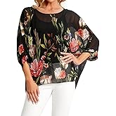 Rokou Women's Floral Blouse Loose Batwing Sleeve Beach Chiffon Poncho Sheer Tunic Tops
