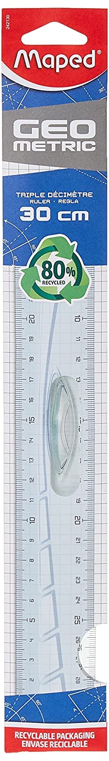 Maped 242130 Flat Geometric Ruler, 300 mm Plastic Drinker with Handle