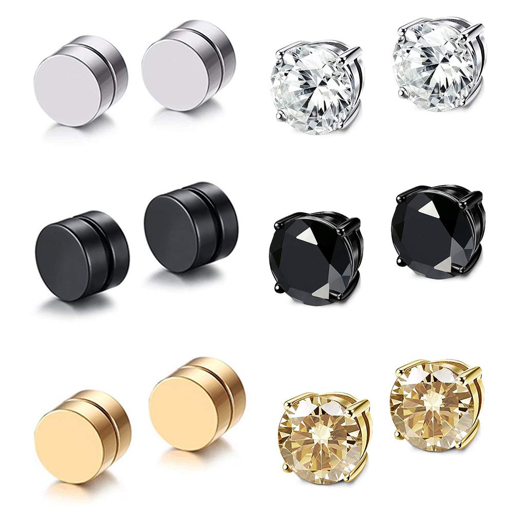 Fu You 6 Pairs of Stainless Steel Magnetic Earrings for Men and Women - Magnetic Earring - No Hole - Fake Clip - Non Piercing - Diamond Cubic Zirconia Round Stud - Silver, Gold, Black - 8 mm