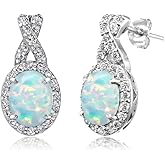 Sterling Silver Genuine, Created or Simulated Gemstone & White Topaz Oval and X Drop Earrings for Women