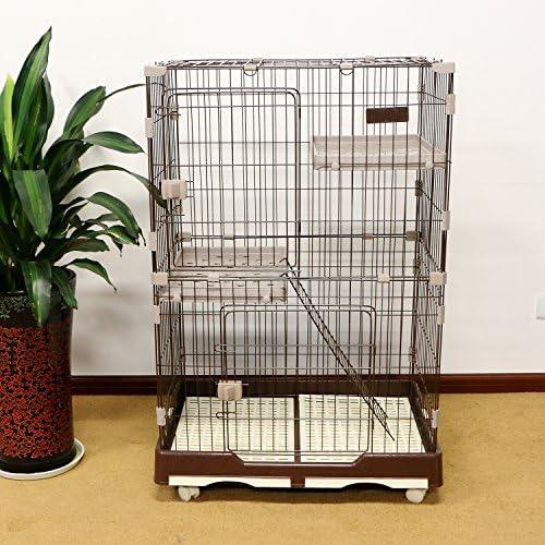 PANEY Folding Cat Home 3 Level Cat Cage 2-Door Collapsible Pet Wire Crate Cat Playpen w/Rest Benches Ladder & Tray