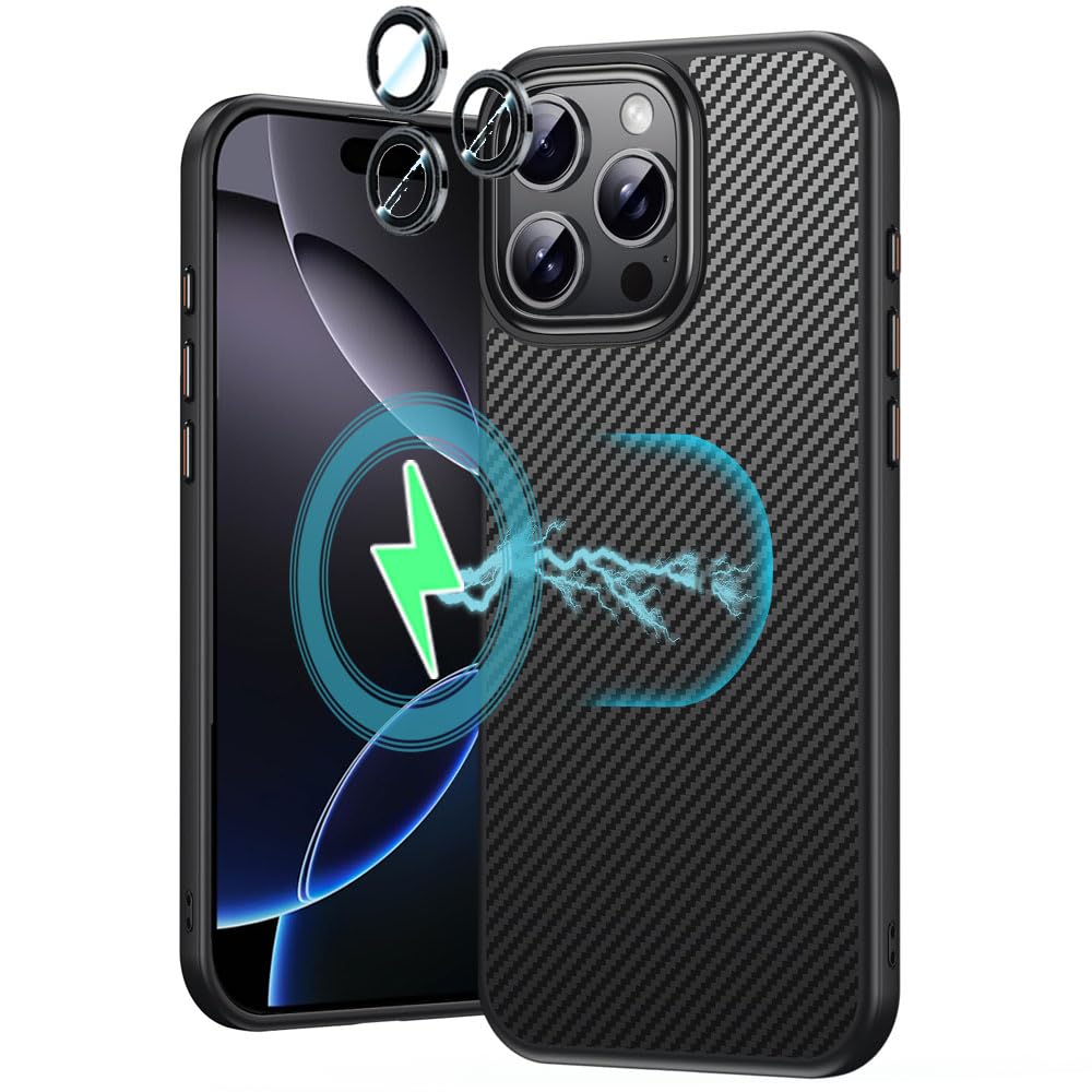 TECHGEAR iPhone 16 Pro Max Magnetic Case - Shockproof [Carbon Fibre Detail] Drop Protection [Camera Lens Protector] Tough Hard Back Compatible with MagSafe Case Cover for iPhone 16 Pro Max 6.9" Black