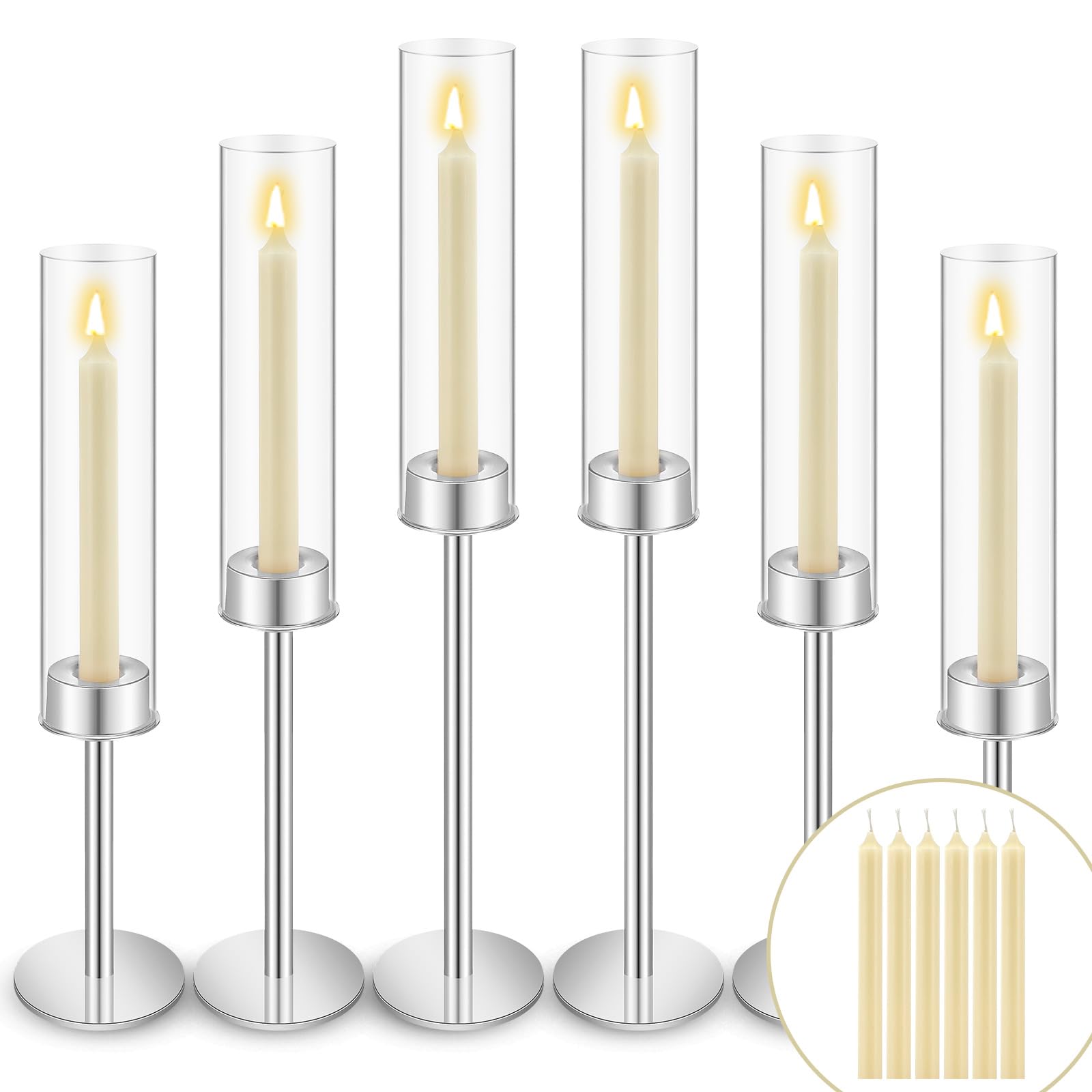 Photo 1 of Yungyan 6 Sets 12 Pcs Clear Glass Hurricane Candlestick Holder Tall Taper Romantic Glass Candle Holder with Candles Chimney for Home Wedding Valentine Table Decor(Silver)