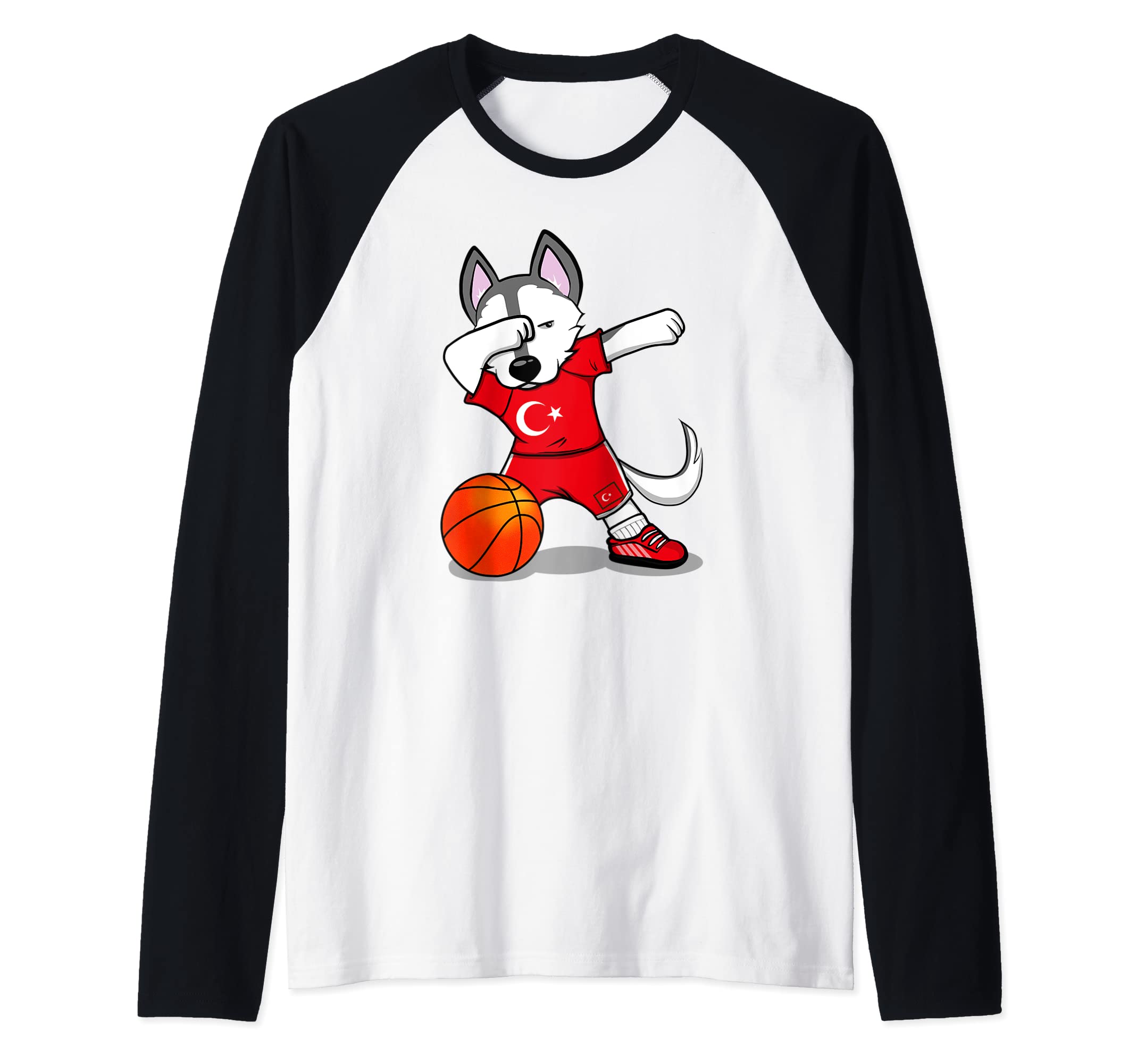 Dabbing Husky Dog Turkey Basketball Fans Jersey Turkish Flag Raglan Baseball Tee