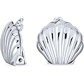 Carved Seashell Nautical Polished Clip On Earrings For Women Non Pierced 14K Gold Plated .925 Sterling Silver