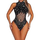 IXOYAHRA Women's Fishnet Bodysuit - Rhinestone Sparkle Teddy Lingerie, Sexy Mesh One-Piece with Sparkle Details, Black