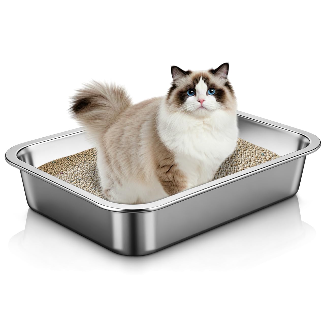 HANABASS Stainless Steel Cat Litter Box Open Style Large Spacious Kitten Litter Tray Easy Clean Metal Container 14 Inch Durable Storage Basin for Home Use