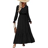PRETTYGARDEN Women's 2025 Maxi Dress Long Sleeve V Neck Flowy Swiss Dot High Waist Casual A Line Fall Wedding Guest Dresses