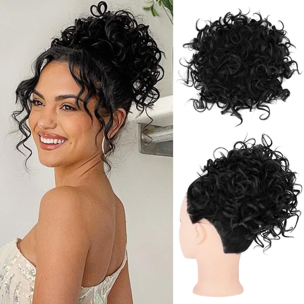 FDEETY Messy Bun Short Ponytail Hair Piece Drawstring Hair Extensions Curly Wavy Hair Puff Synthetic for Women Scrunchy Fake Hairpieces Accessories Scrunchies(Black)