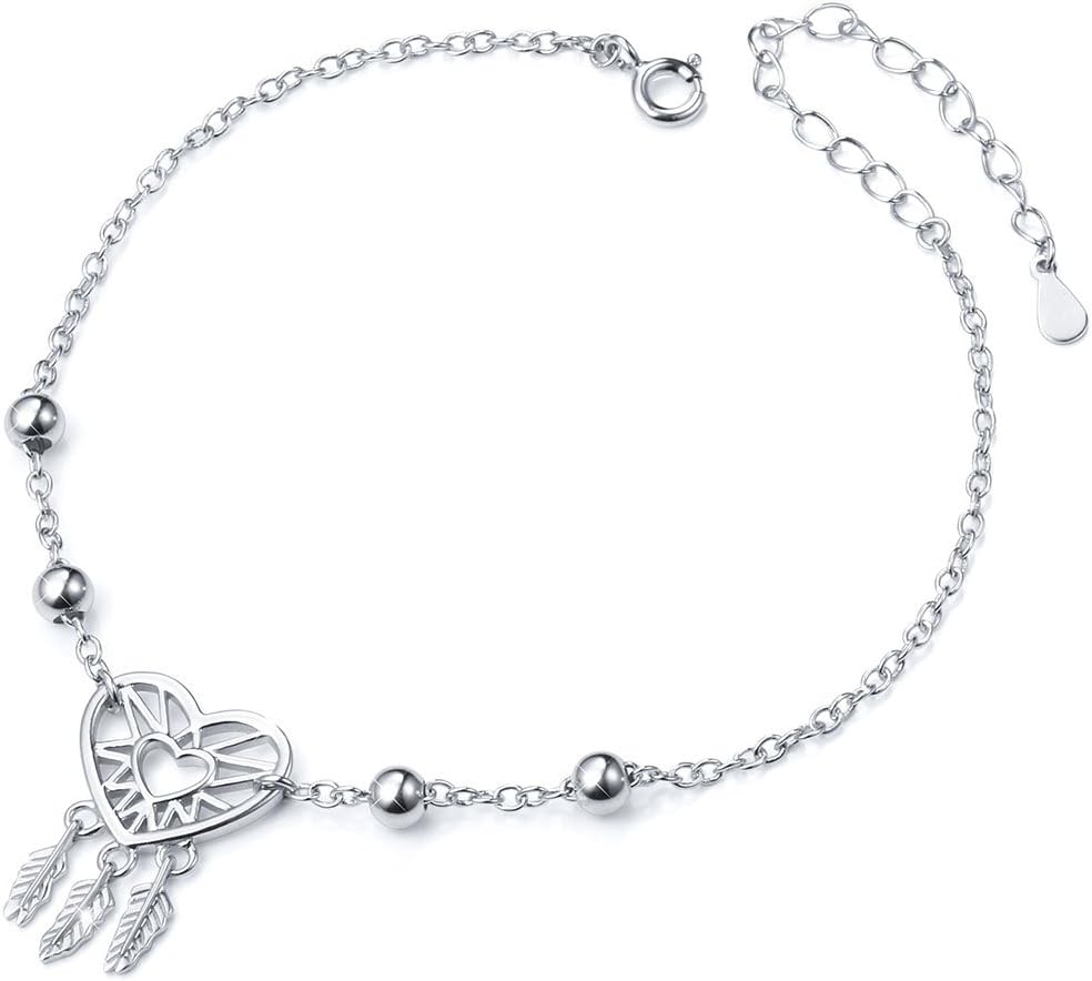LadytreeS925 Sterling Silver Dream Catcher Feather Forever Love Heart Bracelet，7+2"
