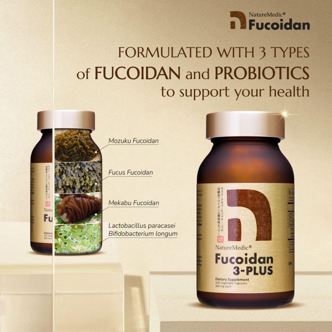 Fucoidan 3-Plus Brown Seaweed Immunity Supplement with Three Types of High Purity Fucoidan Organic Mekabu Fucus Mozuku Agaricus Capsule Type Made in Japan (1)