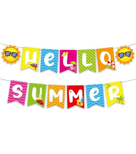Glittery Hello Summer Banner - Tropical Hawaiian Luau Party Decor - Pre-Assembled Bunting For Indoor & Outdoor