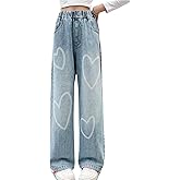 NABER Kids Girls' Casual Elastic Waist Denim Pants Heart Pattern Fashion Wide Leg Jeans Age 5-15 Years