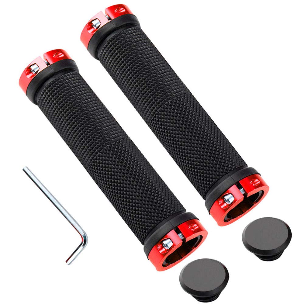 QitinDasen 1 Pair Bike Handlebar Grips, Non-Slip Rubber Bicycle Handle Grips with Aluminum Double Lock, Bike Handle Protector for MTB BMX (Red)
