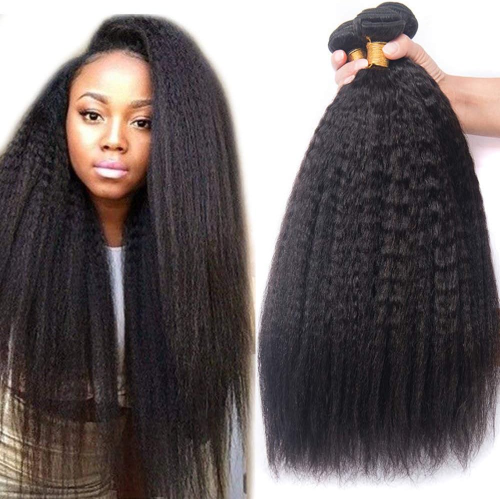 VONAR HAIR Brazilian Virgin Hair Kinky Straight 4Bundles 18 20 22 24inches Unprocessed Yaki Human Hair Brazilian Kinky Straight Hair Extensions Natural Color No Tangle