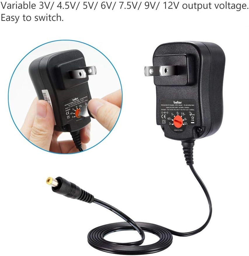 Belker 12W 3V 4.5V 5V 6V 7.5V 9V 12V Adjustable Voltage Universal AC/DC Adapter Power Supply for Household Electronics - 1A Max. [BN]: Home Audio & Theater