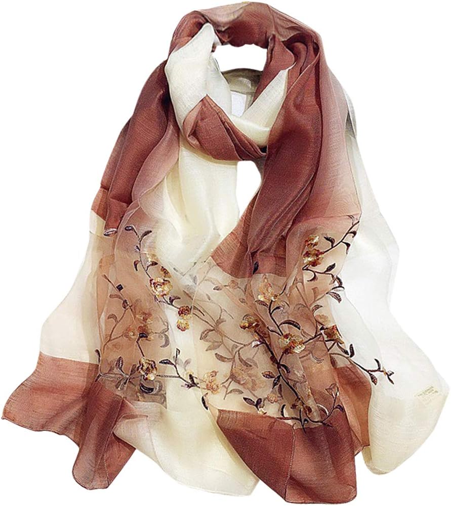 Alysee Women Lightweight Silk&Wool Mixed Gradient Embroidered Scarf Headwrap Shawl