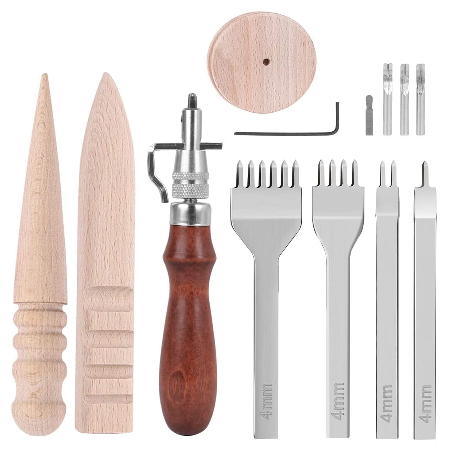 Leather Craft Hand Tools Kit Leather Working Tools Set Sewing Repair Kit Groover 4pcs Hole Prong Punches 3pcs Edge Polisher Hand Sewing DIY