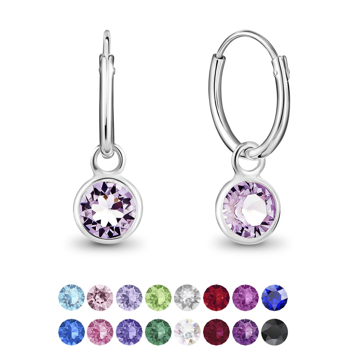 925 Sterling Silver Small Hoops Earrings with Dangling Round Crystals 3 mm - Violet Earrings - Thickness 1.2 mm - Diameter: 12 mm