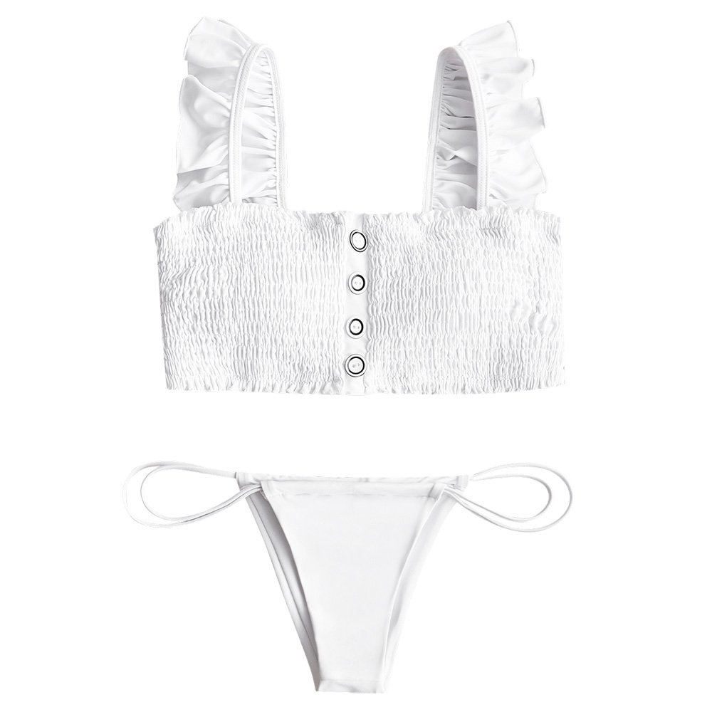 hannea smocked frayed hem bikini top with thong bottoms