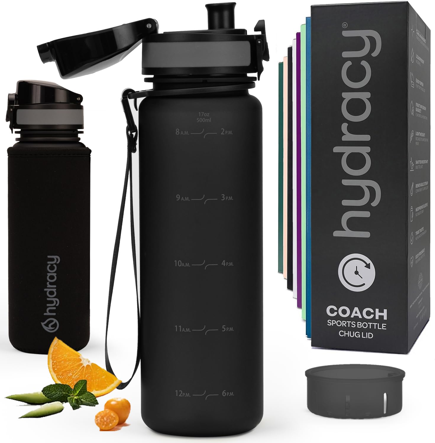 Hydracy Water Bottle with Time Marker - 500 ml 17 Oz BPA Free Water Bottle - Leak Proof & No Sweat Gym Bottle with Fruit Infuser Strainer - Ideal for Fitness or Sports & Outdoors - Space Grey