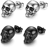 2 Pairs Punk Stainless Steel Stud Skull Earrings,Cupimatch Mens Silver Black Rock Ear Piercing Earrings for Valentine's Day