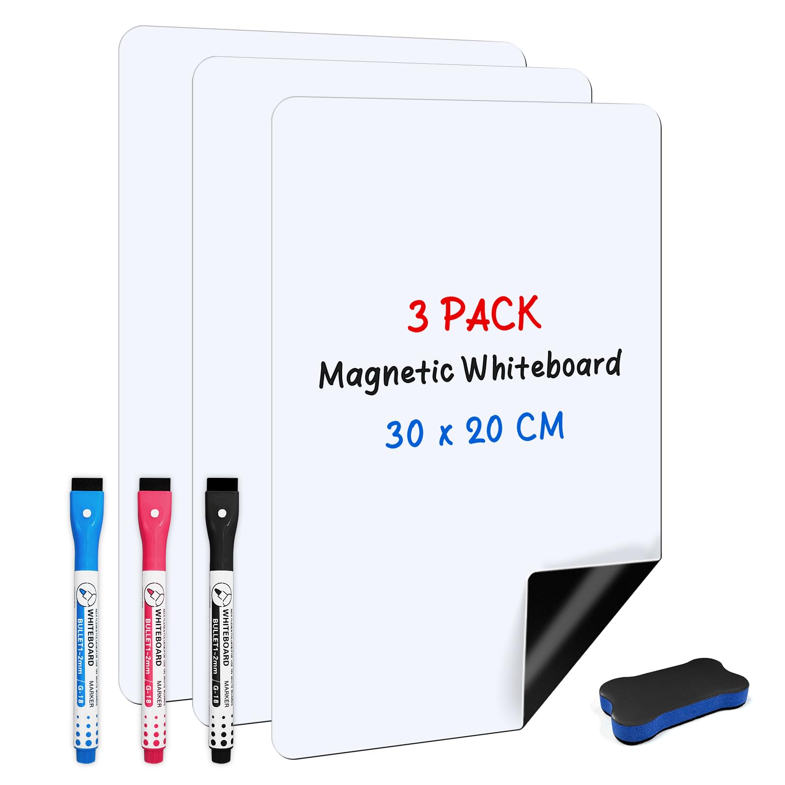 ANLIOTE 3 Pack Magnetic Whiteboard Sheet for Fridge 30 x 20 cm - Easy to Write and Clean, A4 Small Magnet Dry Erase Board with 3 Markers & Erase for Home Kitchen Refrigerator to Do List, Daily Planner