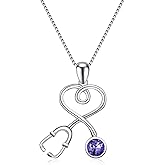 AOBOCO Stethoscope Necklace 925 Sterling Silver Embellished with 12 Months Birthstone Crystals from Austria, Graduation Gifts Medical Jewelry for Doctor Nurse Medical Student RN