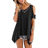 Beluring Womens Cold Shoulder Tops Summer Short Sleeve V Neck Casual Tunic Tee Shirts