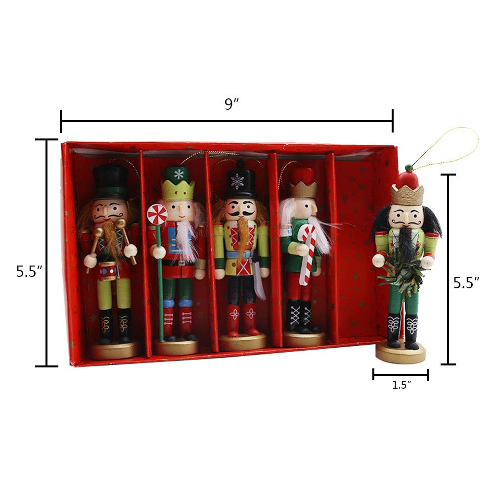 Amor Christmas Nutcracker Ornaments Set, 5PCS Wooden Nutcracker Soldier Hanging Decorations for Christmas Tree Figures Puppet Toy Gifts