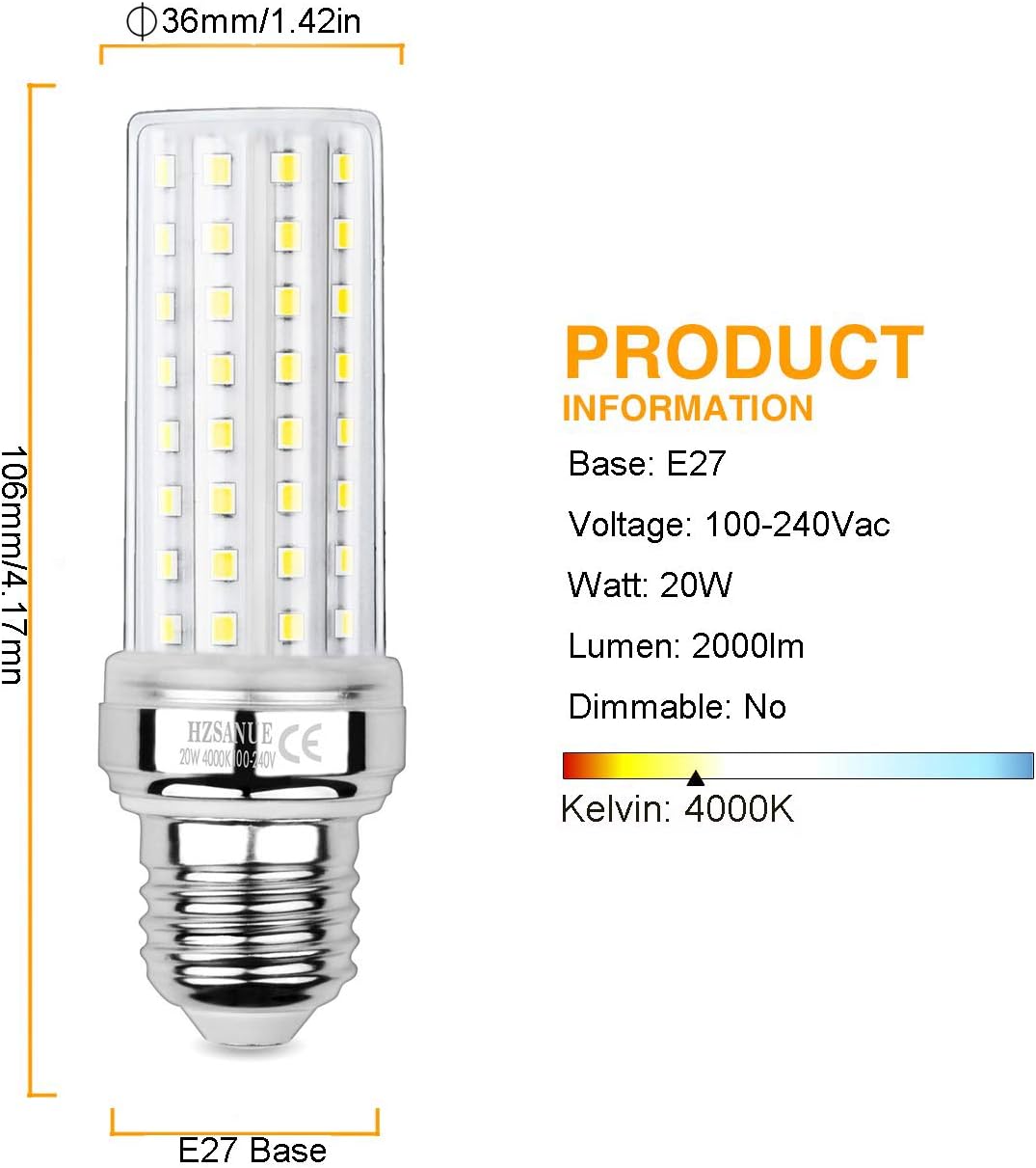 HZSANUE LED Corn Bulbs 20W, 150W Incandescent Bulbs Equivalent, 2300Lm, 4000 Kelvin Natural White, E27 Edison Screw, Pack of 3 - Image 3