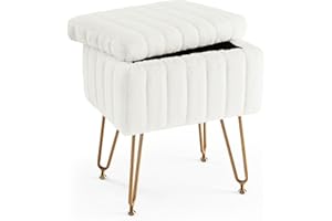 Sweetcrispy Vanity Stool Chair with Storage, Ottoman Chair Faux Fur Soft Padded Makeup Footstools Seat with 4 Metal Legs Anti
