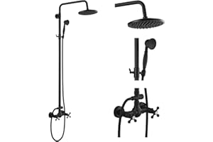 gotonovo Exposed Bathroom Shower Faucet Set Shower Fixture 8 Inch Rainfall Shower Head Handheld Shower Cross Handle Wall Mount 2 Functions Matte Black