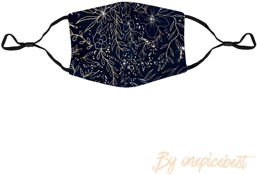 Womens Fashion Face Cover Protective Mouth Covers Gold Glitter Floral Navy Blue Watercolor Washable Adjustable Anti Dust Shield for Outdoor Travel