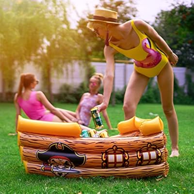Kenley Inflatable Drinks Cooler - Floating Pirate Ship - Supplies & Decorations for Beach Pool Party, Summer Picnic, BBQ, Luau or Pirate Theme Kids Birthday - Ice Buffet Tray Drink Holder Serving Bar