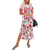 Naggoo Womens Short Sleeve Split Maxi Dress Casual Plain Tie Dye Print Tshirt Long Dresses with Pockets