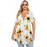 LARACE Women's Plus Size Henley Shirts V Neck Button Tunic Tops Short Sleeve Swing Flowy Blouse