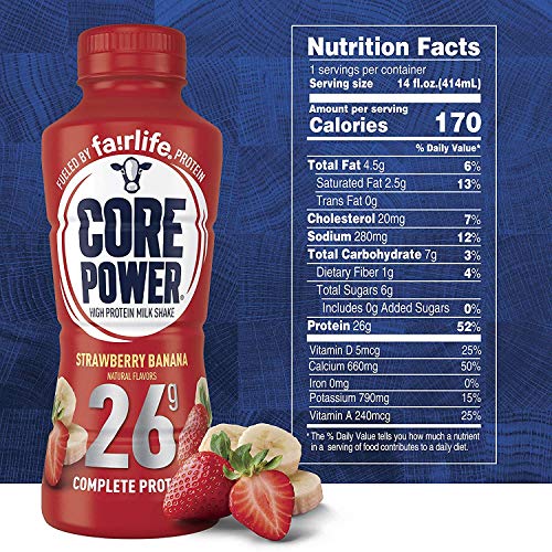 Core Power by Fairlife High Protein, 26g Protein, Milk Shake, 14 oz (Pack of 12) (Strawberry Banana)