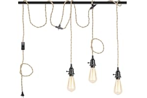 KENMI 3-Light Hanging Light with Plug in Cord,Plug in Pendant Light 22ft Hemp Rope Pendant Lighting Vintage 3-Light Hanging Lamp Fixtures for Kitchen Island Living Room Bedroom