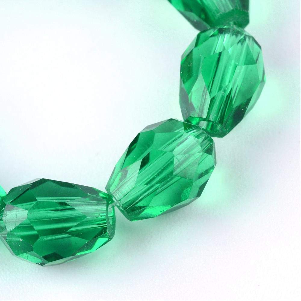 Perlin 15 Czech Crystal Glass Beads, 8mm x 6mm Faceted Teardrop Shape, Zircon Green