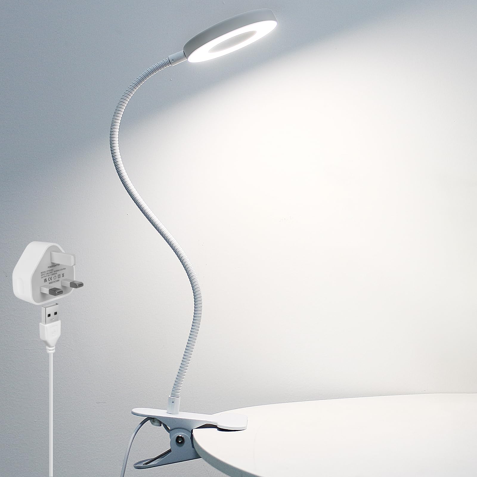 Woputne Desk Clip on Lamp for Reading Office, with 5V 2A Adapter, 10 Dimmable Brightness 3 Modes, Clamp Light for Bed Headboard, Bedside, Craft, (White)
