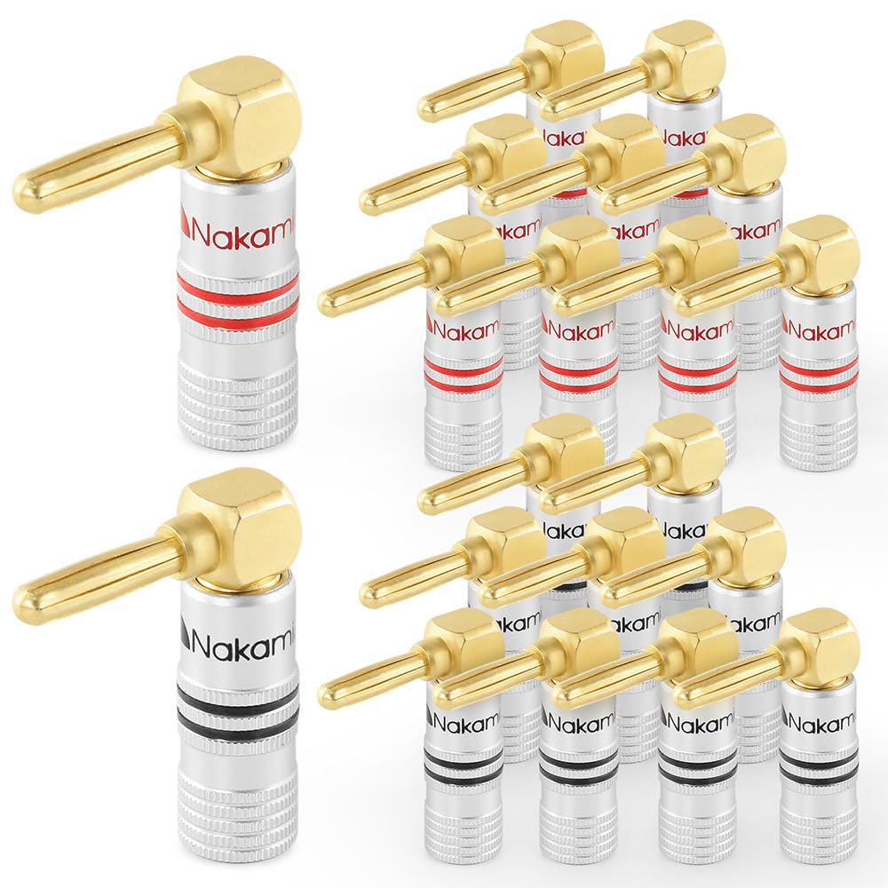 Nakamichi Excel Series 24k Gold Plated Banana Plug 12 AWG - 18 AWG Gauge Size 4mm Speakers Amplifier Hi-Fi AV Stereo Home Theatre Audio Wire Cable Screw Connector 20 Pcs (10-Pairs) Right Angle Plug