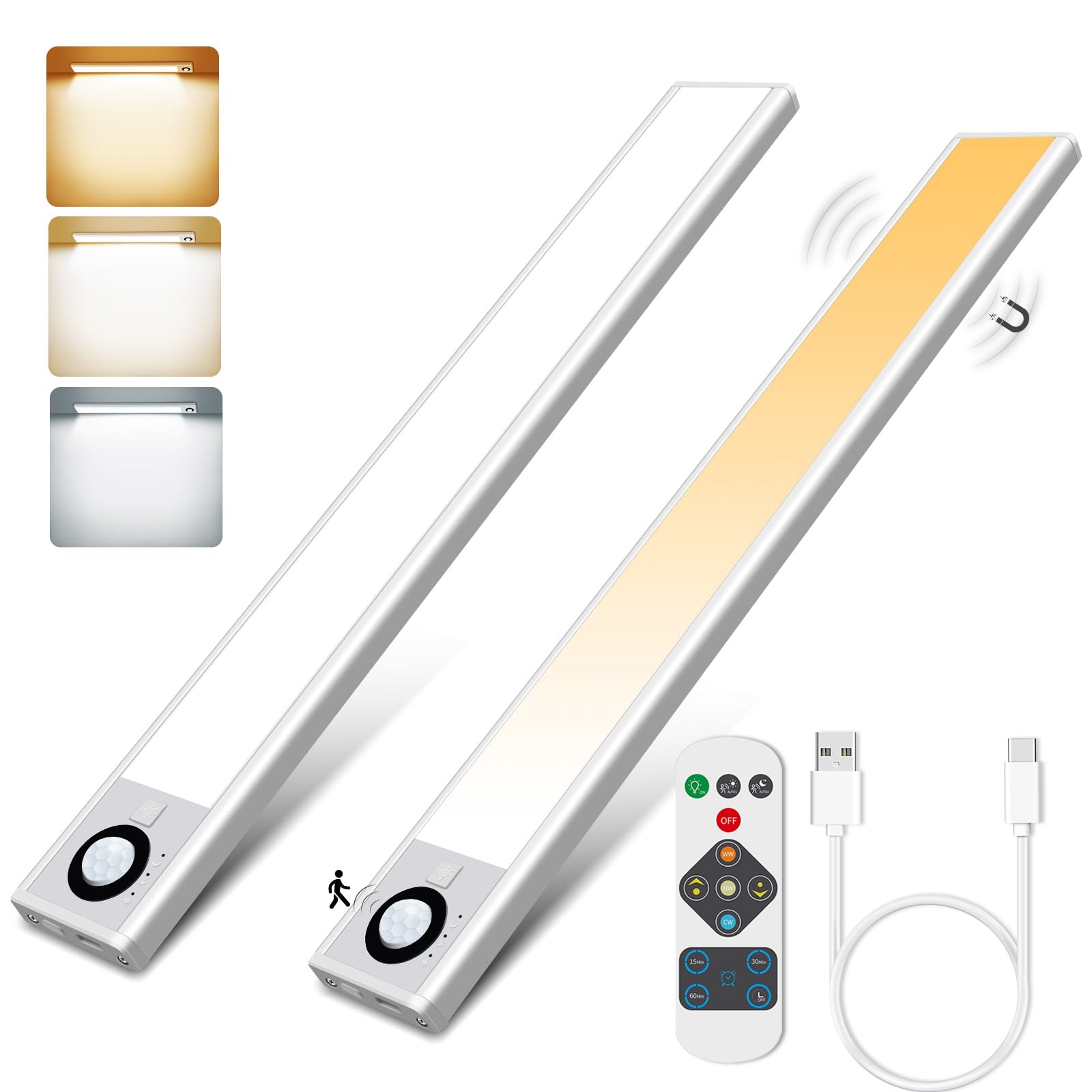 ALUSSO LED Under-Unit Light, Kitchen, Dimmable LED Motion Sensor Cabinet Lights, Warm White/Neutral White/Cool White, Adjustable Cabinet Light, 30 cm, USB Rechargeable Night Light for Stairs, Bedroom