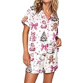 RUEWEY Women’s 2 Piece Silk Satin Pajama Set Print Short Sleeve Button Up Top Shirt and Shorts Set Loungewear