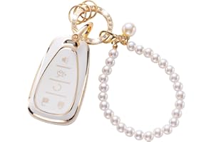 CARFRULTER for Chevy Key Fob Cover with Pearl Car Keychain, Key Case Shell fit for Chevrolet 2016-2021 Chevy Equinox Malibu Camaro Cruze Blazer Traverse Trax Smart Control Key Protector, White