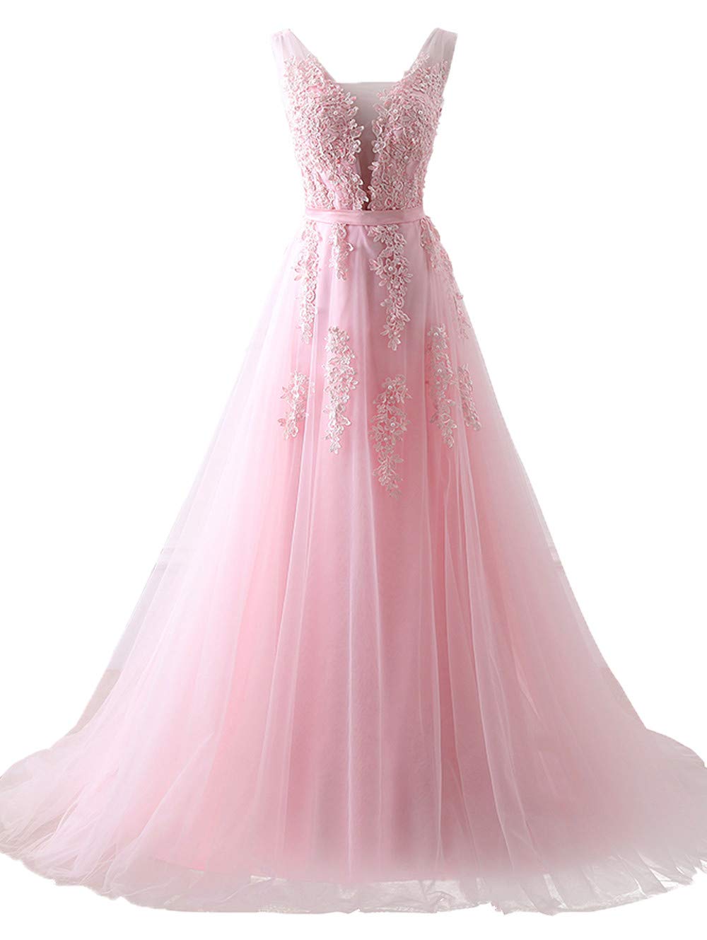 Huifany Women's V Neck Lace Aline Empire Long Formal Evening Dress