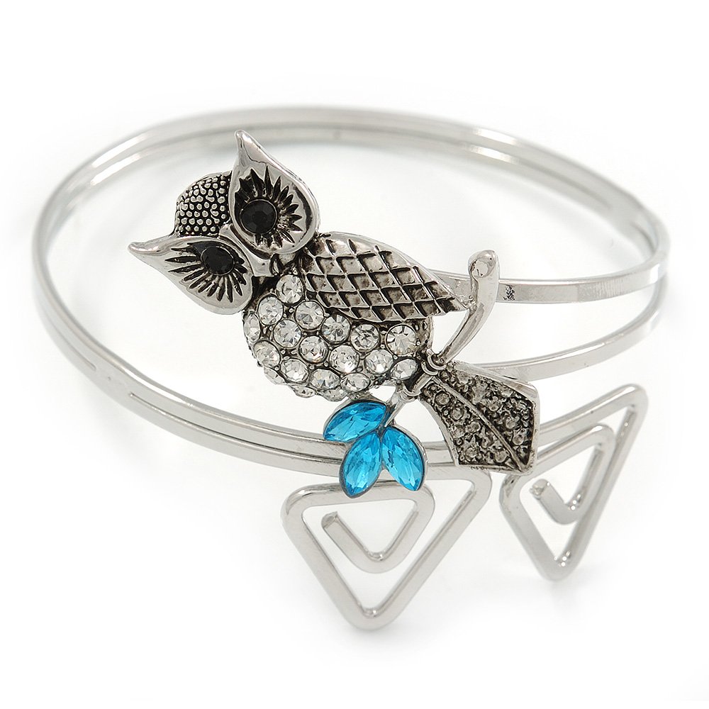 Avalaya Vintage Inspired Crystal Owl Upper Arm, Armlet Bracelet In Silver Tone - 27cm L - Adjustable