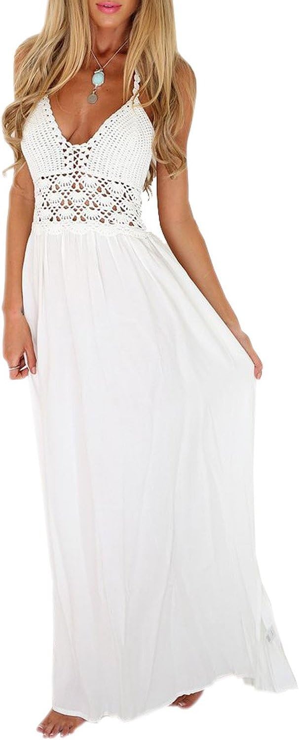 lilbetter women's beach crochet backless bohemian halter maxi long dress Womens Color:HUNTER