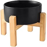 Welloyed 6'' Ceramic Raised Dog Bowl - 30Oz Dog Food & Water Bowl with Elevated Non-Slip Bamboo Stand, Dishwasher & Microwave Safe, Anti Vomiting Heavy Duty Pet Bowl for Small and Medium Dogs, Black